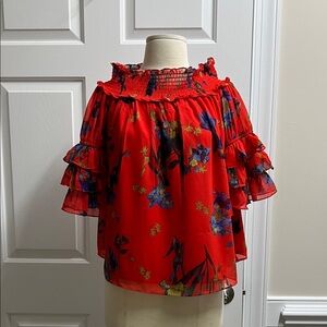 CeCe Red Floral Ruffle Blouse size small S NWOT 3146